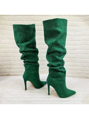 Radiant Emerald Green Rhinestone High Heel Slouch Knee High Boots